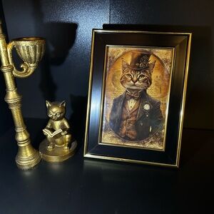 Steampunk Cat Art Print in Gold and Black Frame